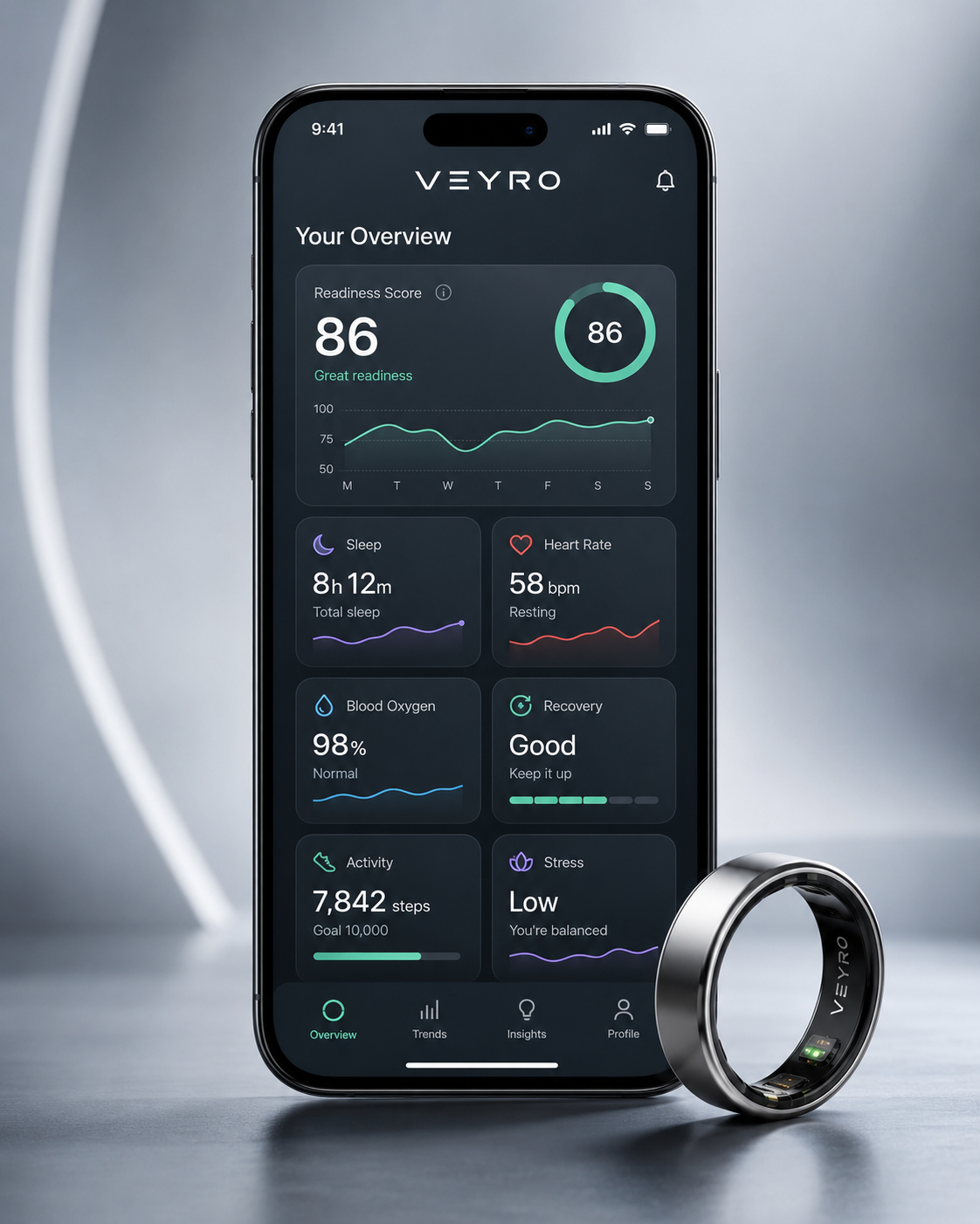 VEYRO app dashboard with sleep score and HRV graph